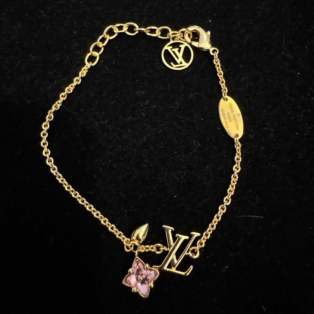 Louis Vuitton Gold Bracelet with Pink Flower Charm